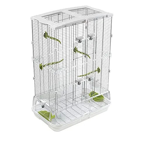 Vision M02 white bird cage with seed guard and exterior food cups