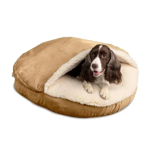 Snoozer Cozy Cave XL Camel colored dog bed with a hood