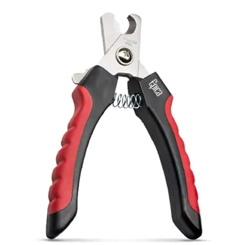 Epica Professional red dog nail clippers with rubber-coated handles and safety lock.