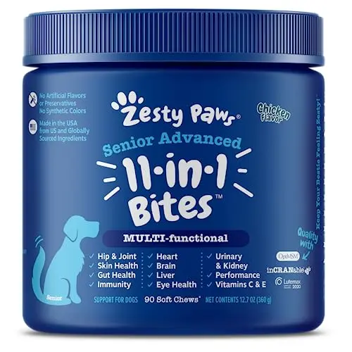 Zesty Paws Senior Advanced Multifunctional dog vitamin soft chews in a jar