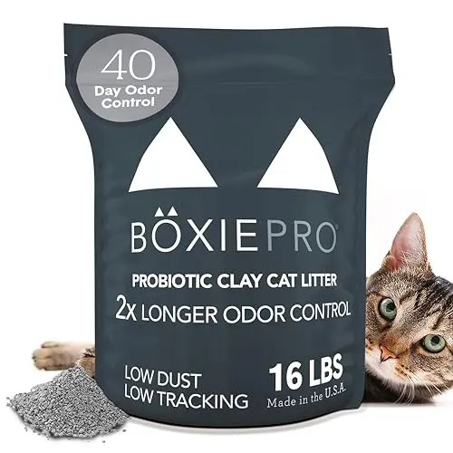 BoxiePro Probiotic Clumping Cat Litter bag featuring 40-day odor control