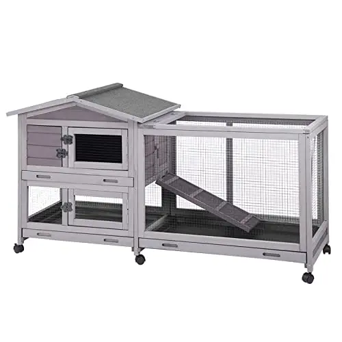 Aivituvin wooden rabbit hutch with wheels and pull-out trays for easy cleaning