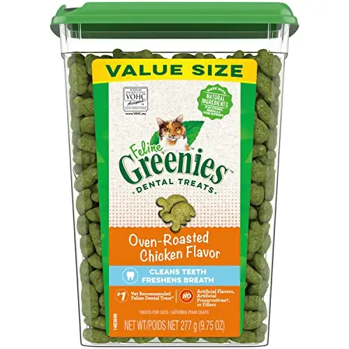 Greenies feline dental cat treats in a tub