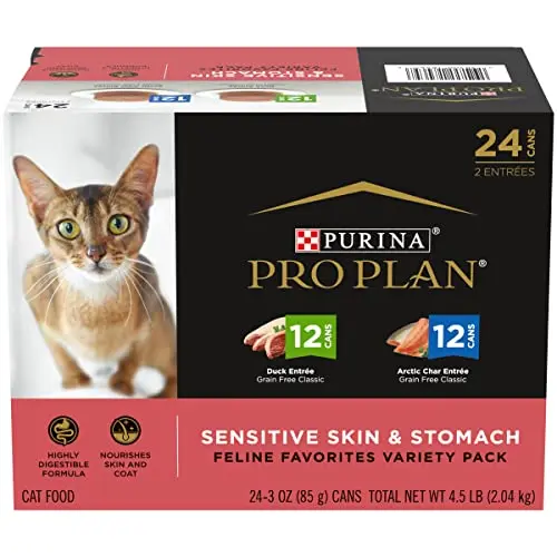 Purina Pro Plan Sensitive Skin and Stomach wet cat food variety pack cans