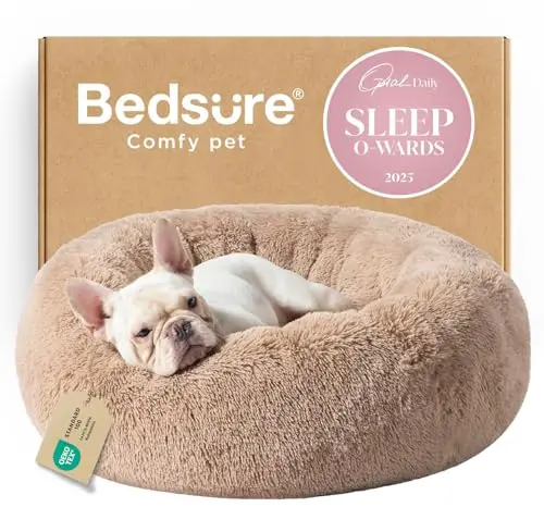 Bedsure medium-sized camel-colored donut dog bed with plush faux fur and raised rim
