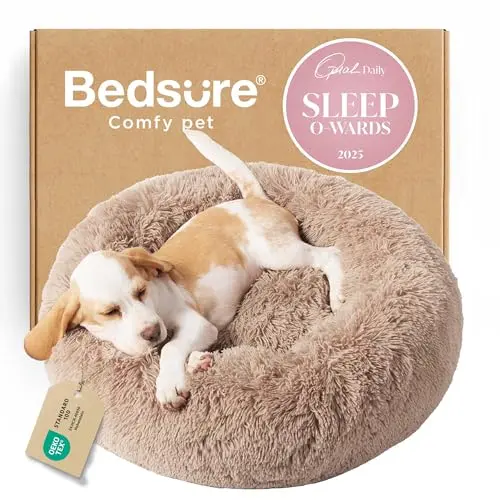 Bedsure camel colored round donut dog bed with high fluffy sides