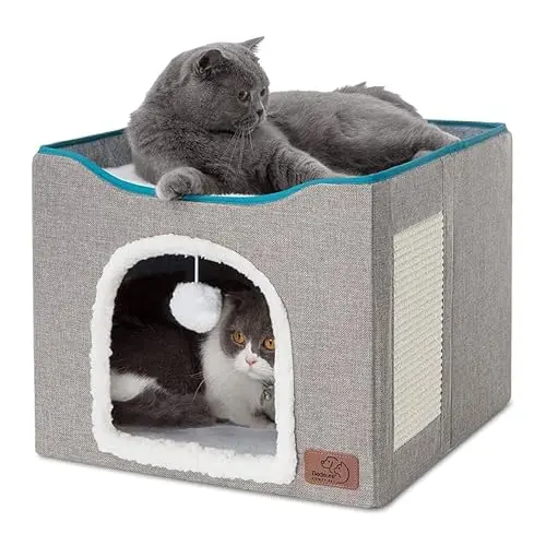 Bedsure large grey cat cave bed with a top platform, scratching pad, and dangling fluffy ball