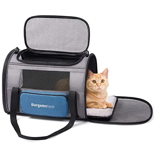 BurgeonNest blue soft-sided cat carrier with a unique side storage bag