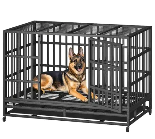 HIWOKK heavy-duty black iron dog cage with double doors and removable tray.