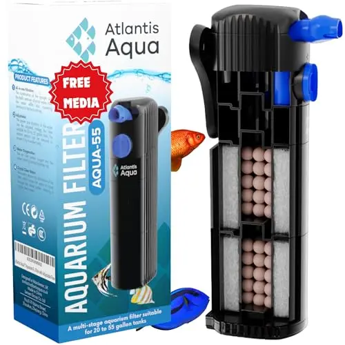 Atlantis Aqua black submersible filter inside a crystal clear aquarium