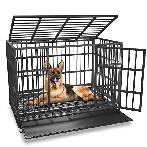 BOLDBONE black hammer-tone coated steel dog crate with foldable design and wheels.