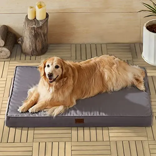 BFPETHOME grey orthopedic foam dog bed with waterproof cover on a patio