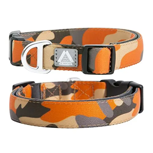 JC HOUSE camo orange soft padded dog collar with a 3M reflective logo and aluminum hardware