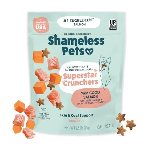 Shameless Pets star-shaped crunchy cat treats in a pink bag, salmon and yam flavor