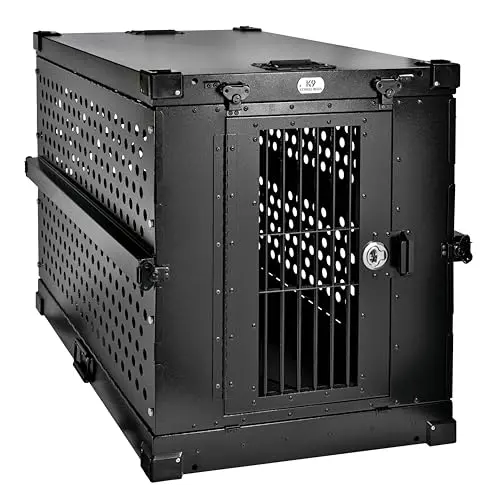 K9 Kennel Boss black powder-coated aluminum collapsible dog crate.