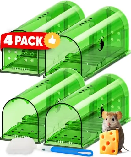Small green plastic live-catch mouse traps with a door, set of four with a cleaning brush.