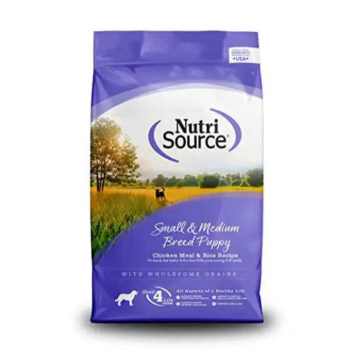 NutriSource Puppy Food bag for small and medium breeds, chicken meal and rice