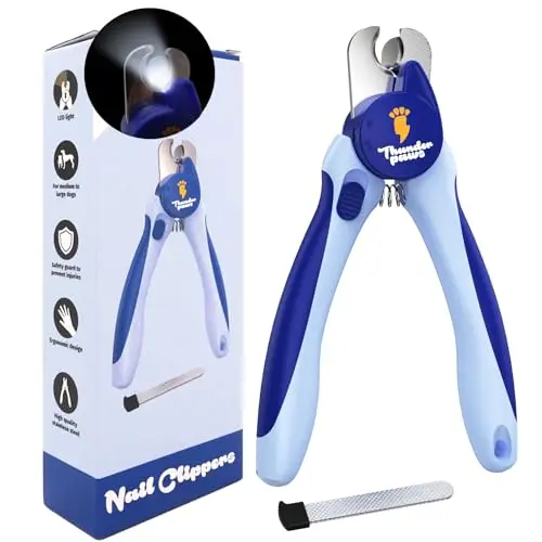 Thunderpaws LED Dog Nail Clippers with blue rubber handles and illuminated cutting guide.