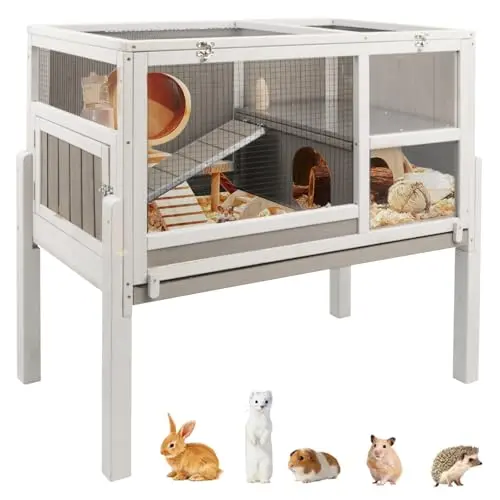 Ketive wooden guinea pig cage on a stand with hideout and ramp