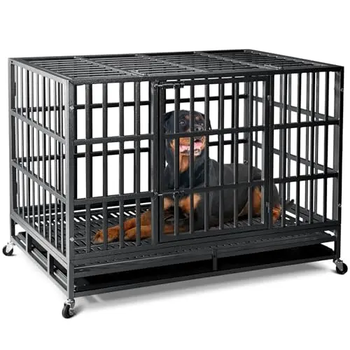 Oranland heavy-duty black steel dog crate with reinforced baseplate and lockable wheels.