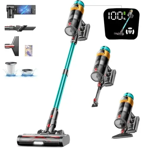 Dsorupa cordless stick vacuum with anti-tangle roller brush on a hard floor