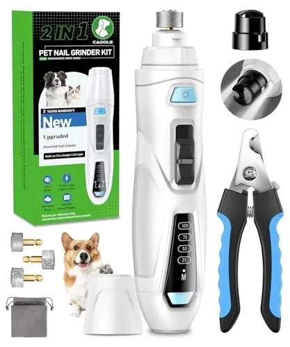 CADOLS white cordless dog nail grinder and manual clipper set.