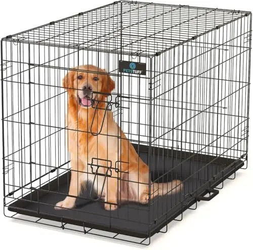 PetsTuff black foldable steel dog crate with wheels and divider panel