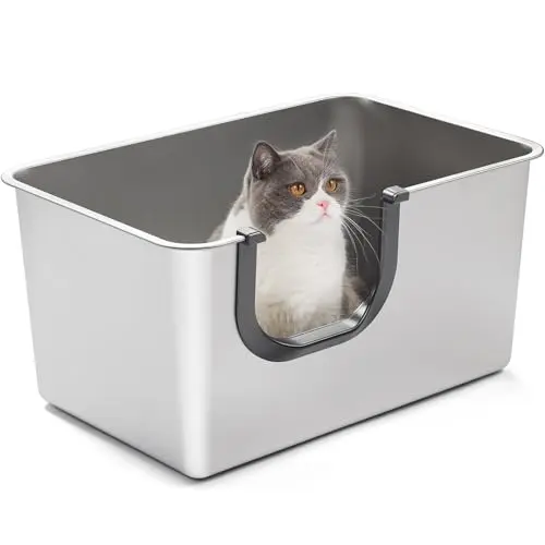 Yangbaga extra large stainless steel litter box with high sides and U-shaped entry