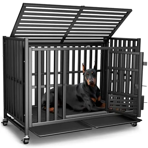 Kulobby heavy-duty black dog cage with three doors, lockable wheels, and removable trays.