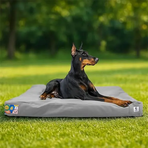 SYTOPIA light grey heavy-duty canvas dog bed on wooden deck