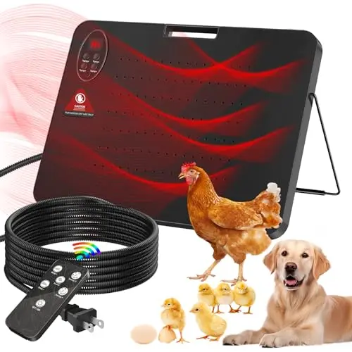 SUMLGT black flat panel chicken coop heater with remote control on a stand.