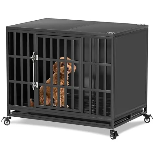 REXWELTEN 38-inch black steel dog crate with enclosed sides and self-locking latch