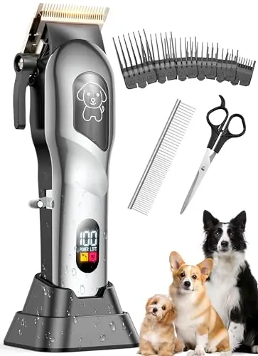 MEARENS professional dog grooming clipper kit with accessories on a wooden table.