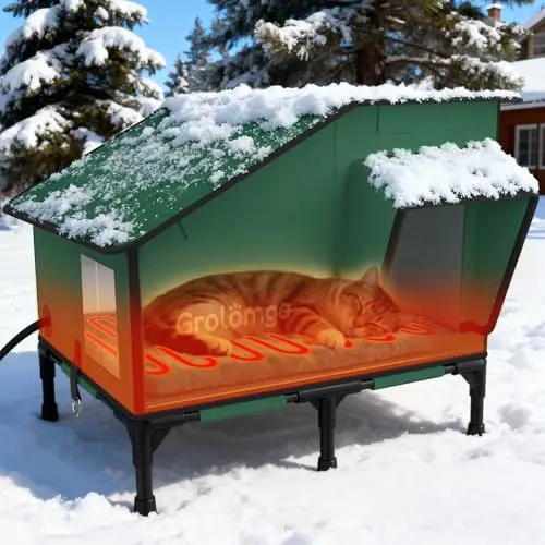 Grolomge Green Large Outdoor Heated Cat House with flat perch
