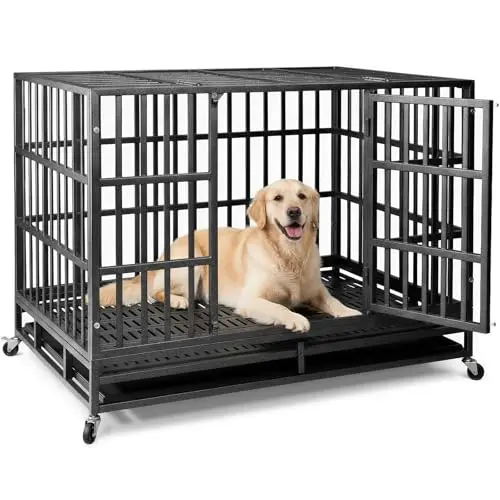NUGRIART black alloy steel dog kennel with reinforced base and four locking wheels.